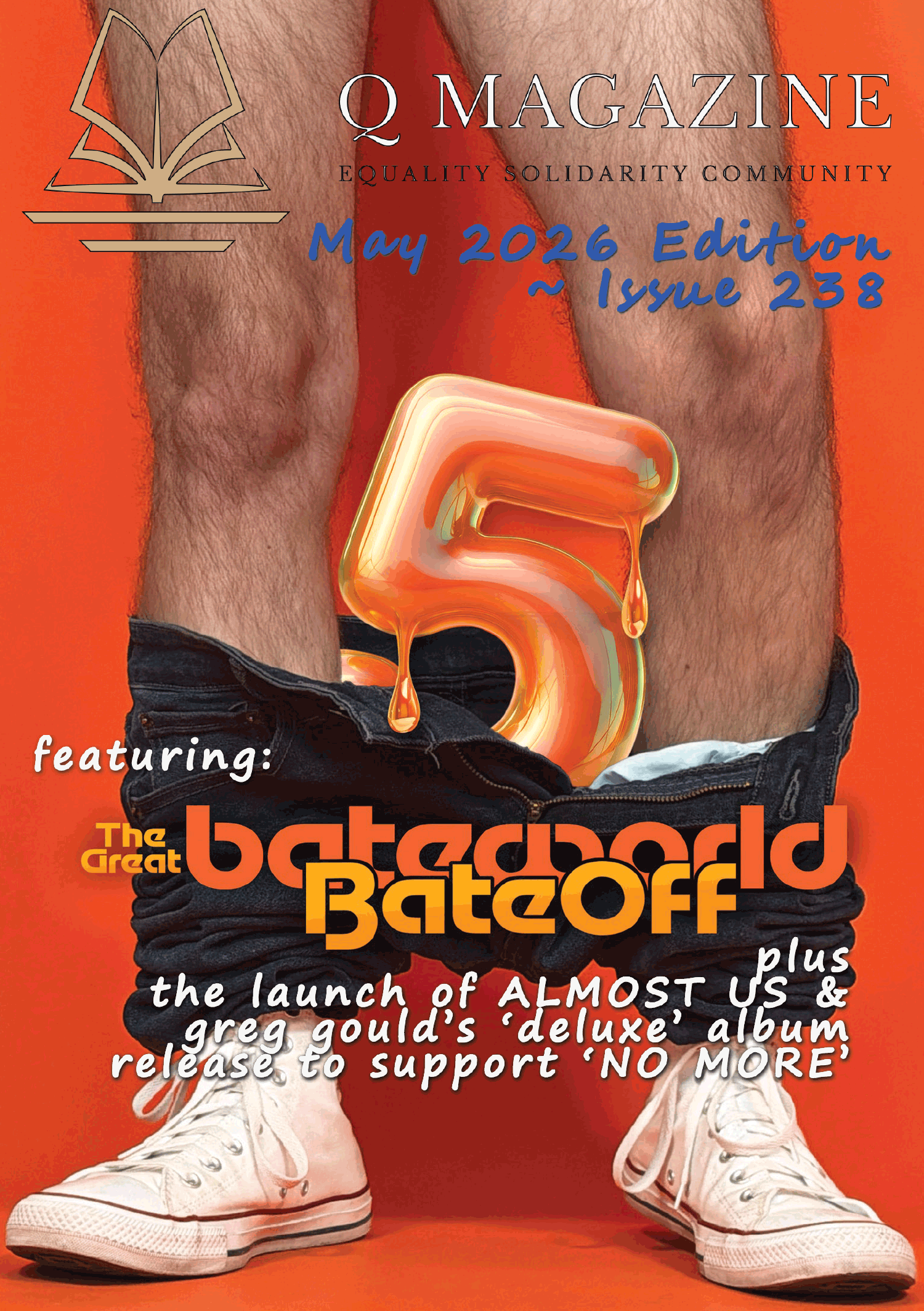 Cover of q magazine with an orange background close up of legs in jeans and a glossy orange balloon shaped like the number 5 may 2016 edition issue 238 text visible