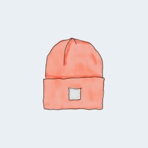 Hand-drawn coral beanie with a folded cuff and a small square patch on the front