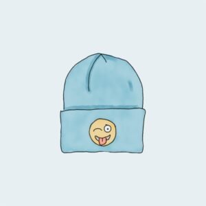 Light blue knit beanie with a yellow winking tongue-out emoji patch on the front.