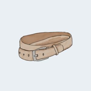 Beige leather belt with a silver buckle coiled on a light background.