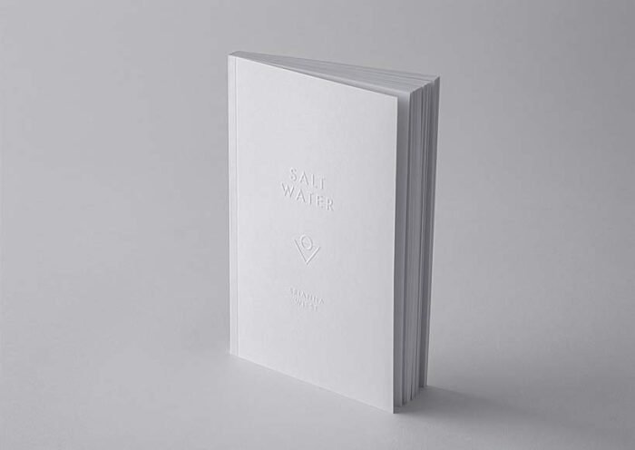 White hardcover book titled salt water standing upright on a gray surface in a minimalist product shot