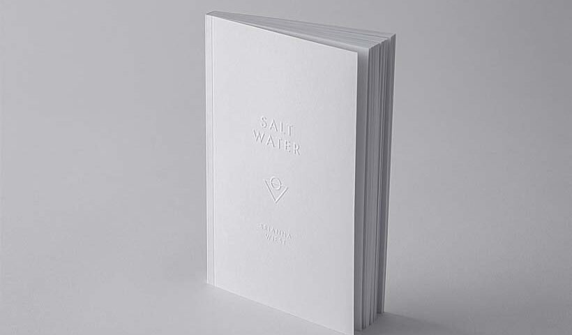 White hardcover book titled 'Salt Water' standing upright on a gray surface in a minimalist product shot.