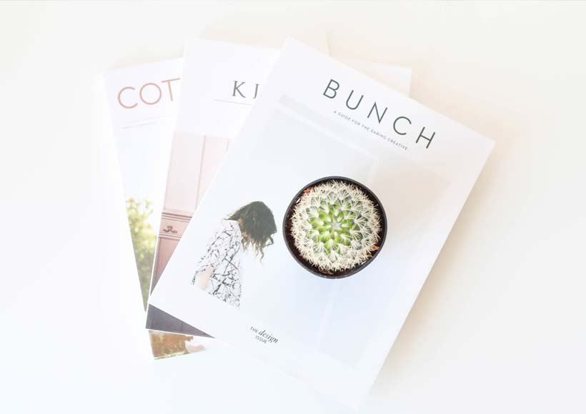 Three magazines fanned out on a white surface with a front cover showing a potted succulent plant
