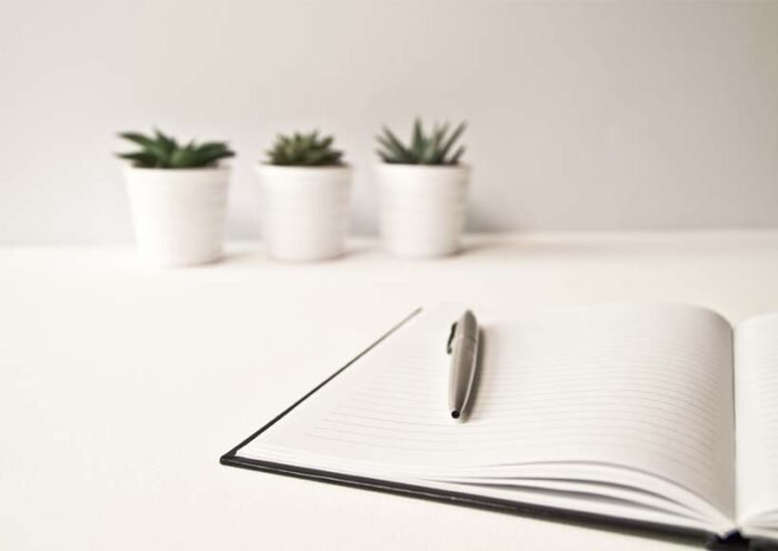 Open notebook with a pen on a white desk three small succulents in pots blurred in the background