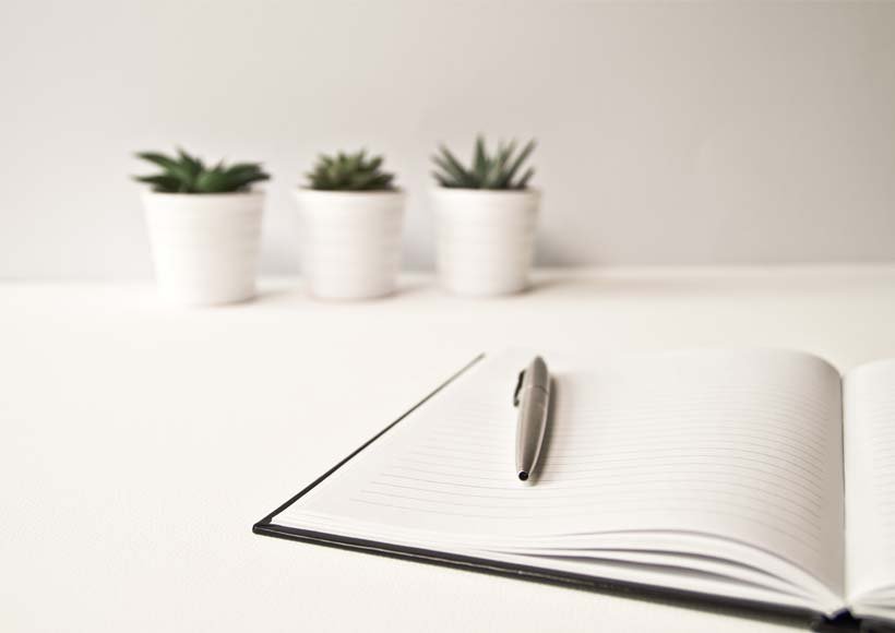 Open notebook with a pen on a white desk three small succulents in pots blurred in the background