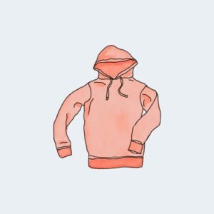 Illustration of a pink hoodie with drawstrings and ribbed cuffs against a pale blue background
