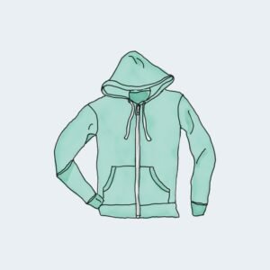 Mint green zip-up hoodie with front pockets and drawstrings, illustrated on a light blue background.
