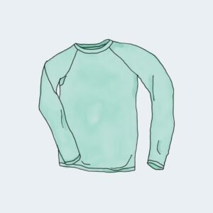 Mint green sweater illustration on a pale blue background, simple line drawing with a relaxed fit.