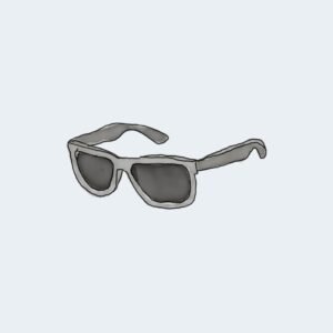 Gray sunglasses with dark lenses viewed from a side angle on a light background