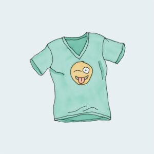 Teal V-neck T-shirt illustration with a yellow winking emoji with tongue in the center.