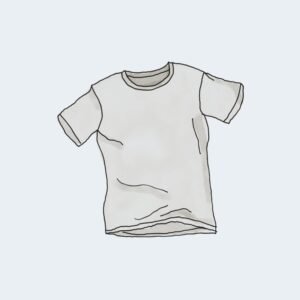 Line drawing of a plain white T-shirt on a pale blue background.