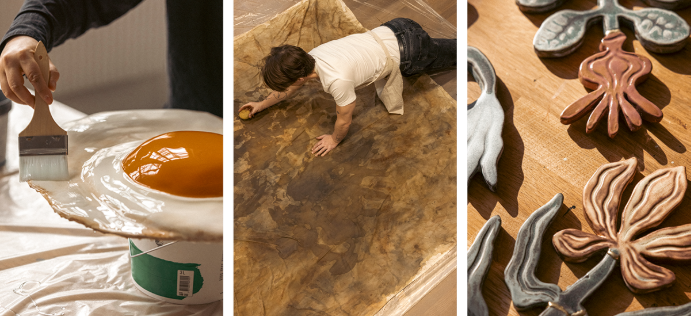 Left panel shows a hand brushing glaze onto a ceramic piece middle panel features a person crawling over a rock sculpture right panel displays clay leaf ornaments on a wooden table