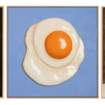 Three panel surreal collage left a blurred nude man center a fried egg on blue right a woman with a chicken on her head balancing eggs