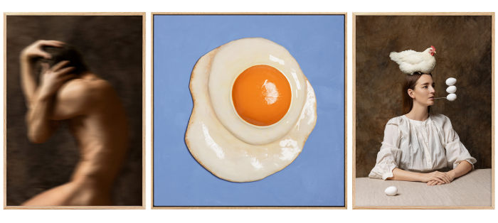 Three panel surreal collage left a blurred nude man center a fried egg on blue right a woman with a chicken on her head balancing eggs