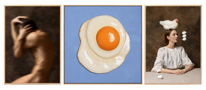 Triptych of three framed images left shows a man with his back turned hands on his head center features a fried sunny side up egg on a blue background right shows a woman in a white blouse with a chicken on her head and eggs on the table nearby