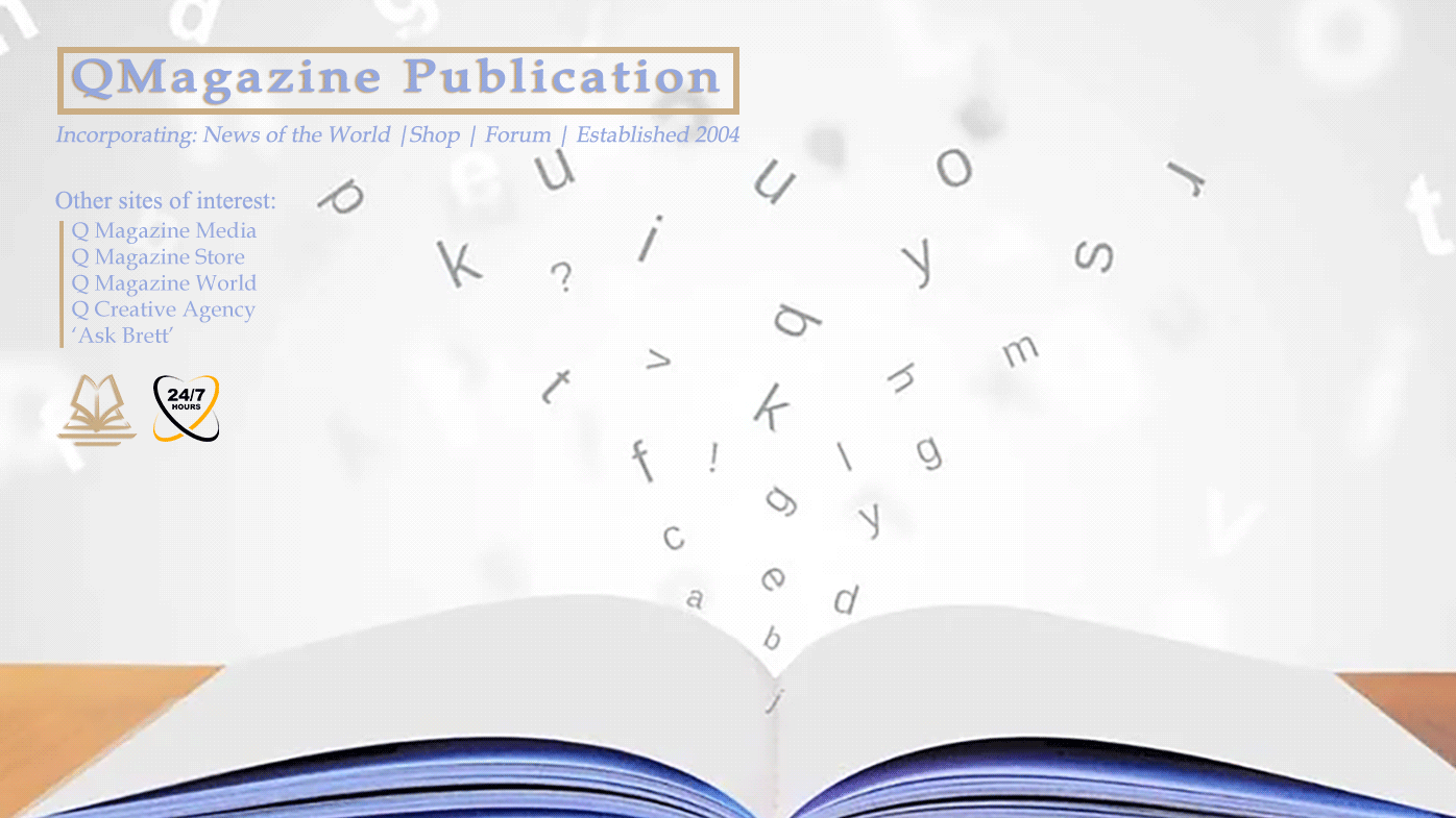 Open book at the bottom with pages fanned and letters rising into the air; header reads 'QMagazine Publication'.