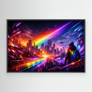 Rainbow skyline on canvas and black frame