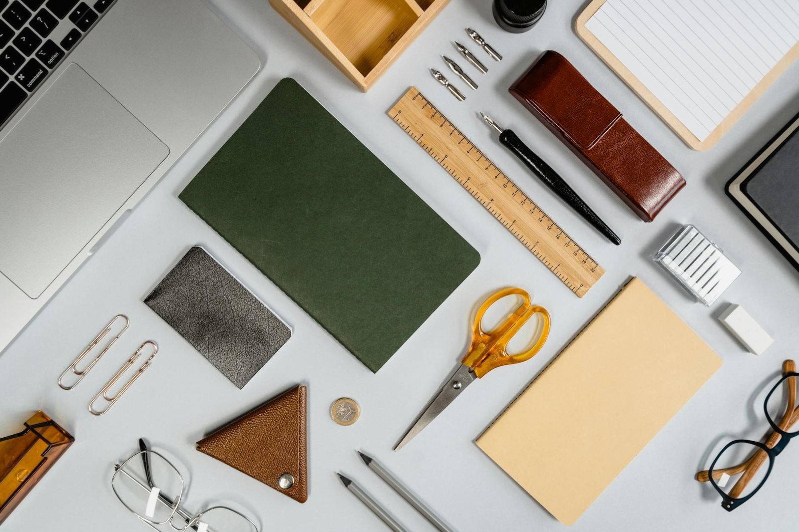 a flatlay of office supplies