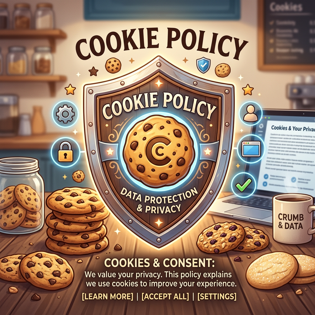 Shield with cookie symbol and text about cookie policy and data privacy