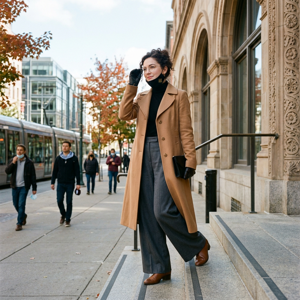 Woman in camel coat walking beside historic building near a streetcar